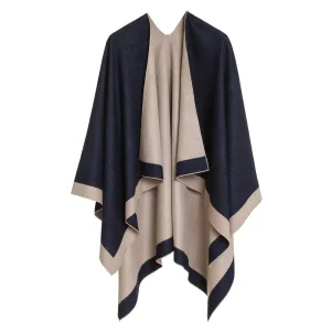 Women's Shawl Wrap Poncho Ruana Cape Cardigan Sweater Open Front (Navy Beige)