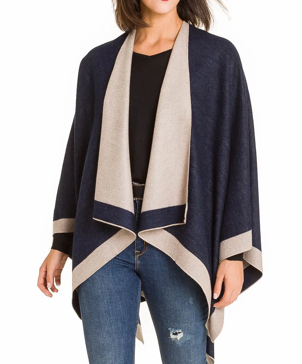 Women's Shawl Wrap Poncho Ruana Cape Cardigan Sweater Open Front (Navy Beige)