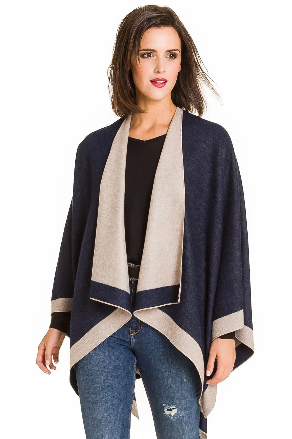 Women's Shawl Wrap Poncho Ruana Cape Cardigan Sweater Open Front (Navy Beige)