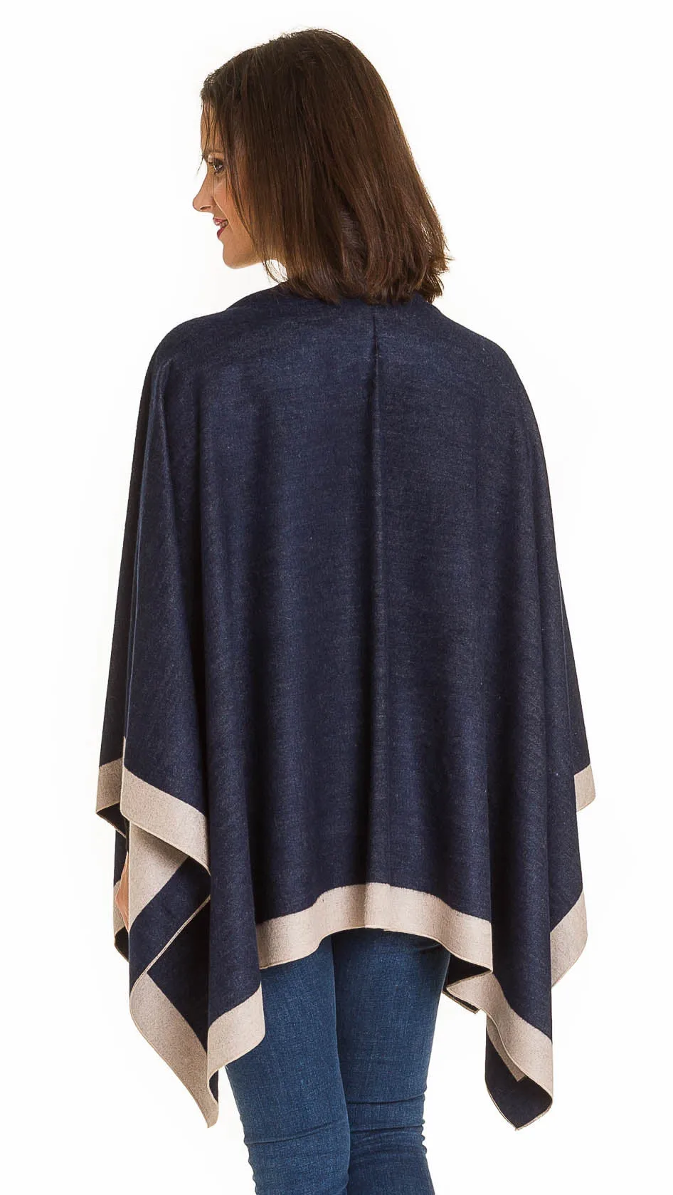 Women's Shawl Wrap Poncho Ruana Cape Cardigan Sweater Open Front (Navy Beige)