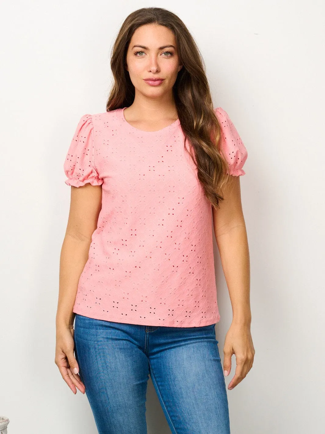 WOMEN'S SHORT SLEEVE EYELET DETAILED BLOUSE TOP