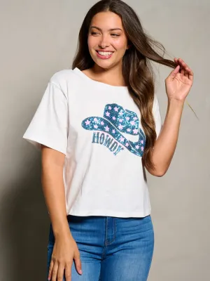 WOMEN'S SHORT SLEEVE SEQUINS HOWDY GRAPHIC TOP