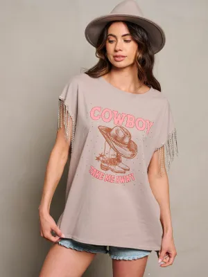 WOMEN'S SHORT SLEEVE STUDS FRINGE GRAPHIC TOP