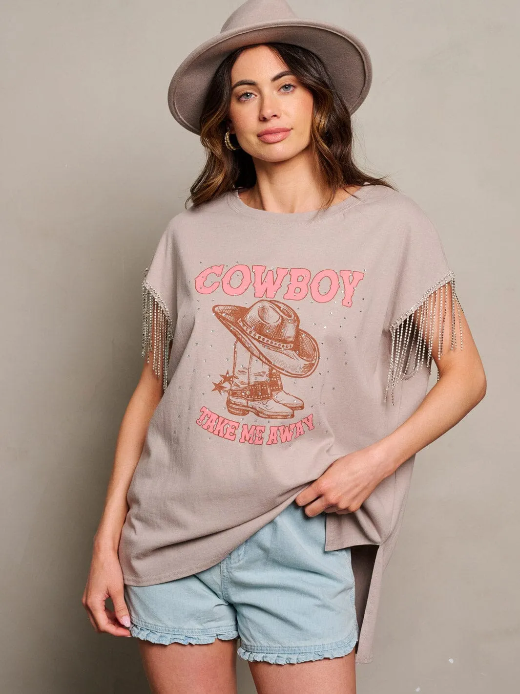 WOMEN'S SHORT SLEEVE STUDS FRINGE GRAPHIC TOP