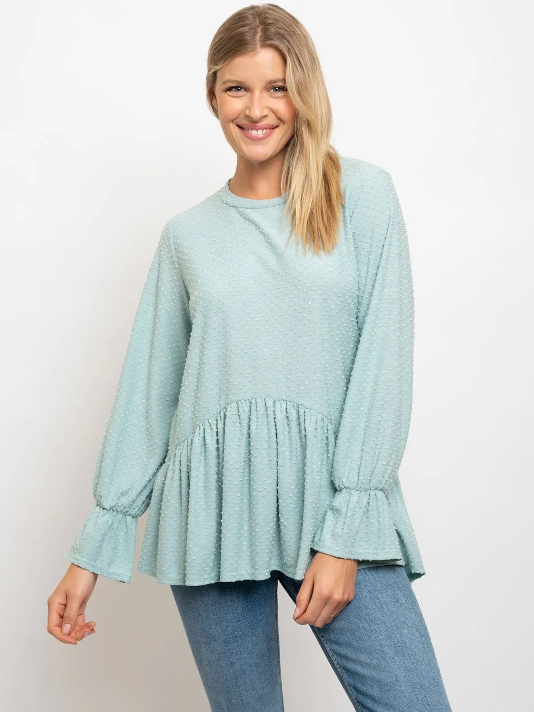 WOMEN'S SOLID DOTTED WAFFLE LONG SLEEVE TOP