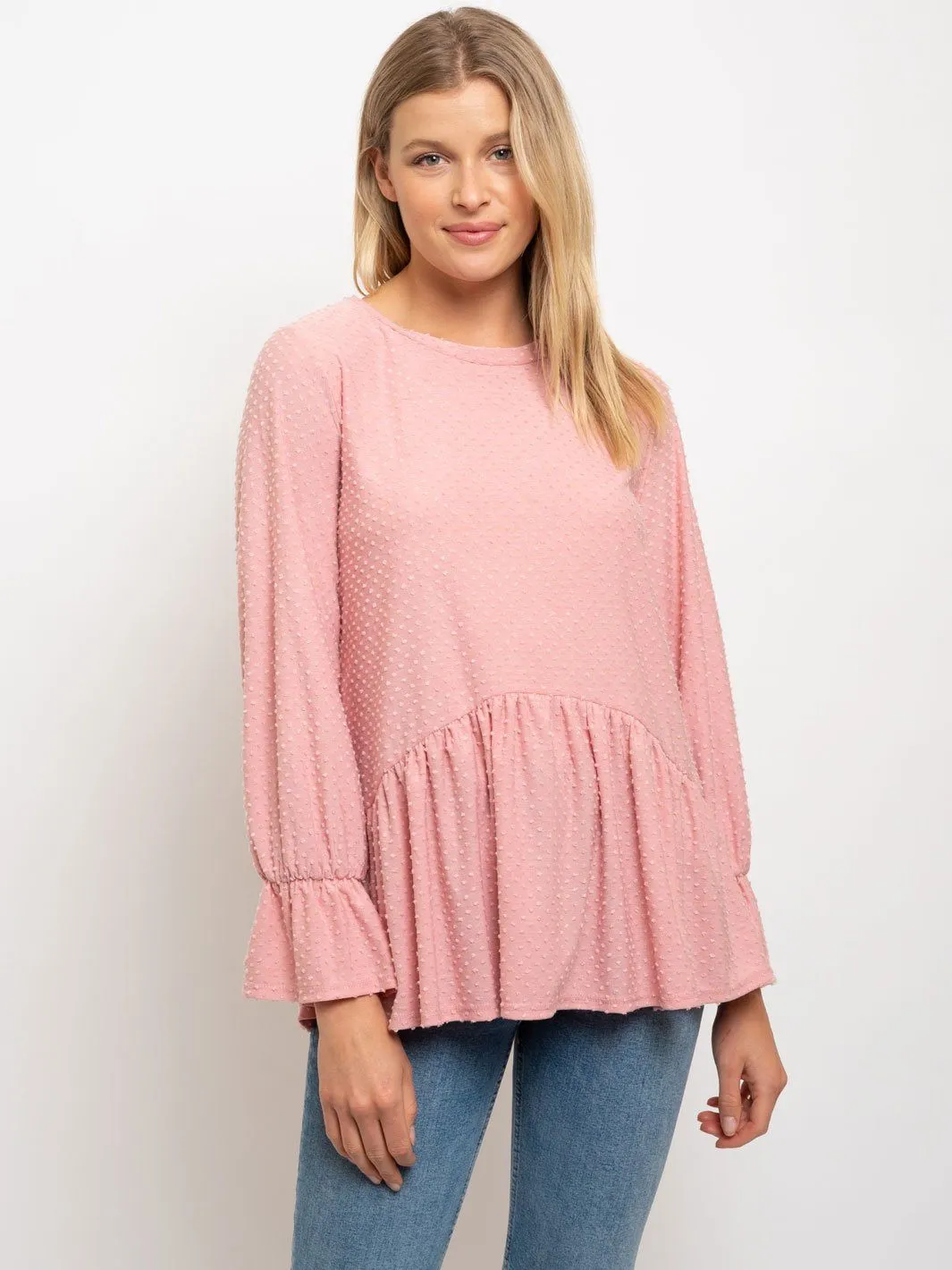 WOMEN'S SOLID DOTTED WAFFLE LONG SLEEVE TOP