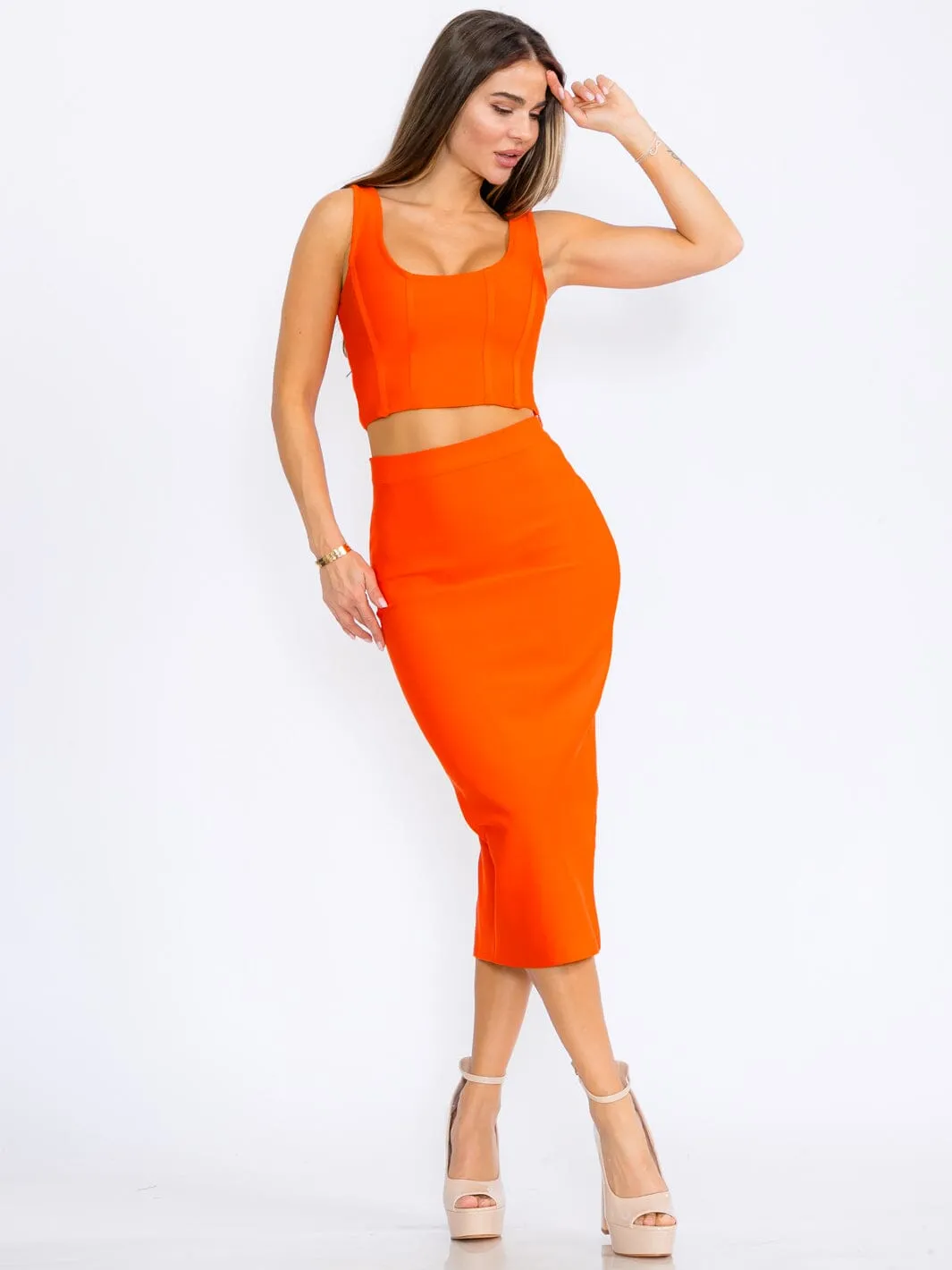 WOMEN'S ZIPPER CLOSURE BANDAGE PENCIL MIDI SKIRT