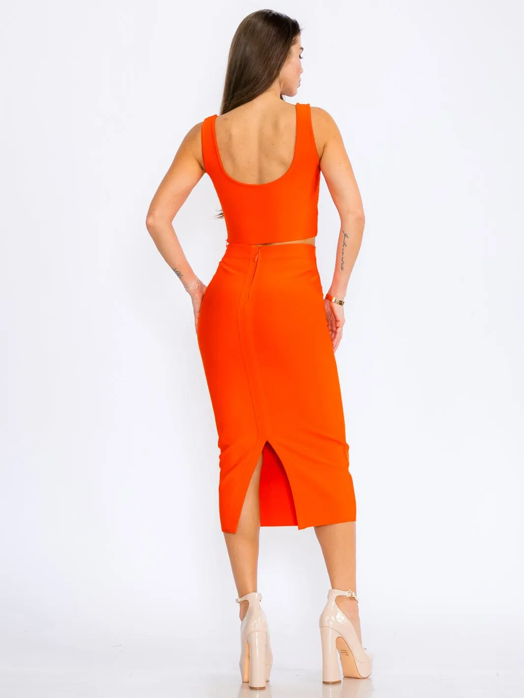 WOMEN'S ZIPPER CLOSURE BANDAGE PENCIL MIDI SKIRT