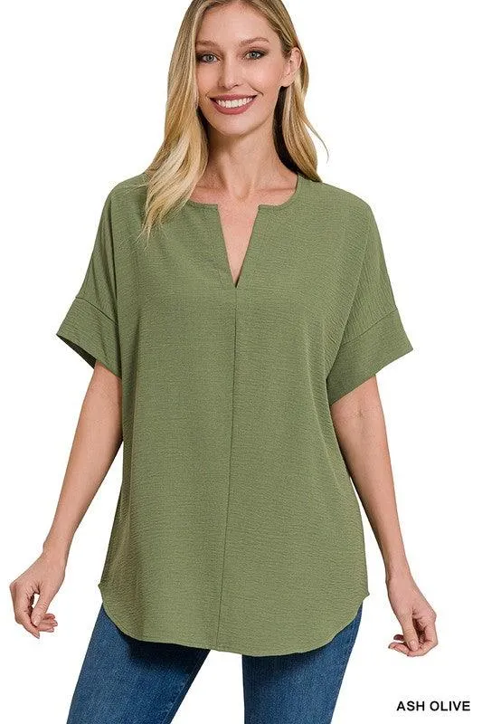 WOVEN AIRFLOW SPLIT NECK SHORT SLEEVE TOP