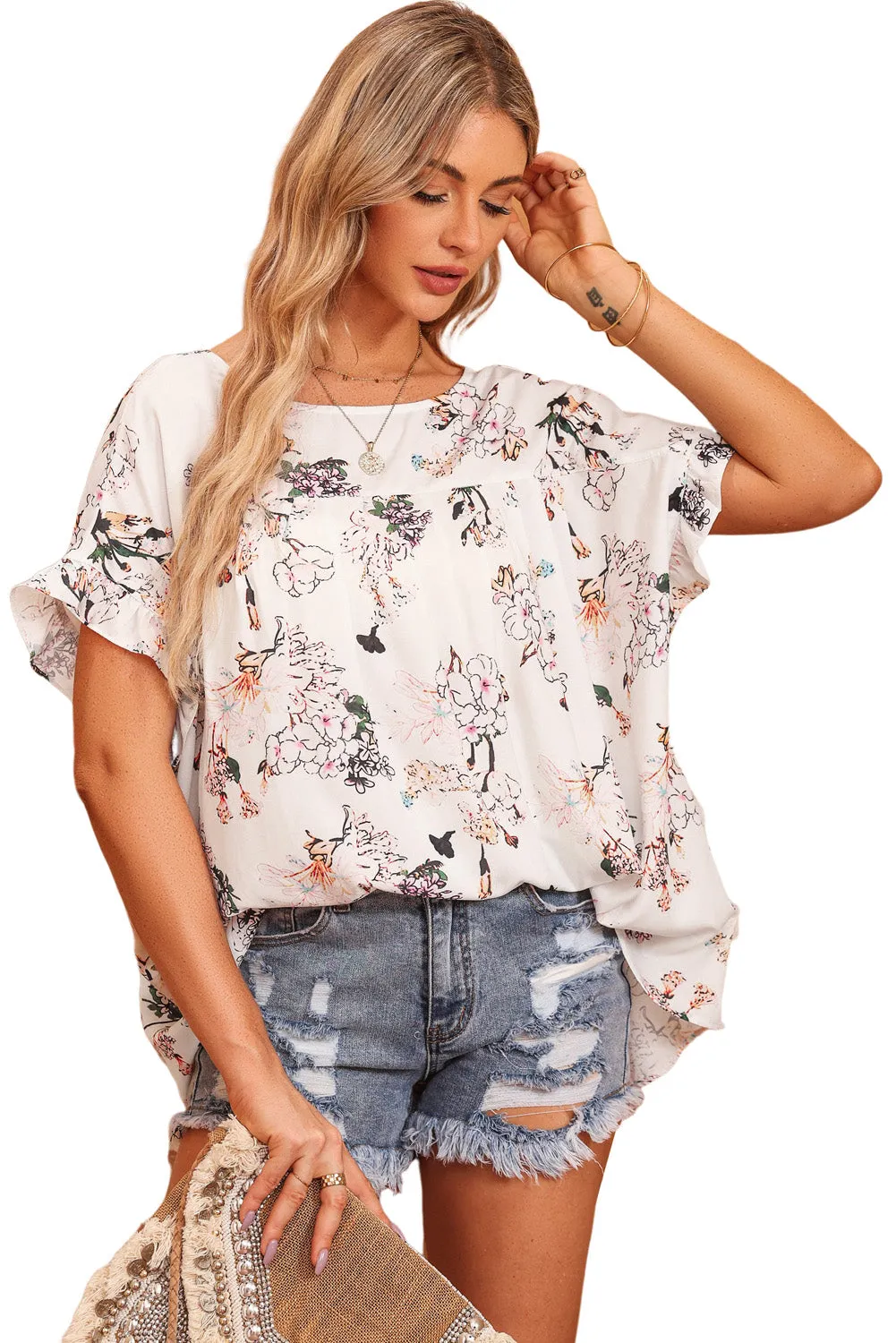 Wren Floral Boat Neck Flounce Sleeve Blouse