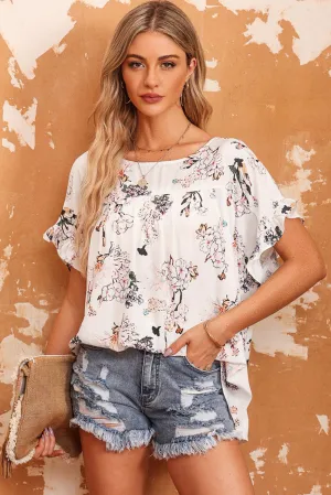 Wren Floral Boat Neck Flounce Sleeve Blouse