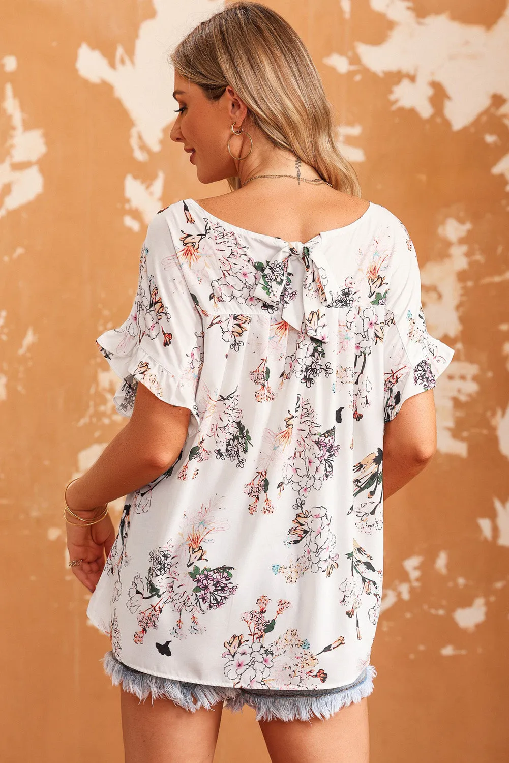Wren Floral Boat Neck Flounce Sleeve Blouse