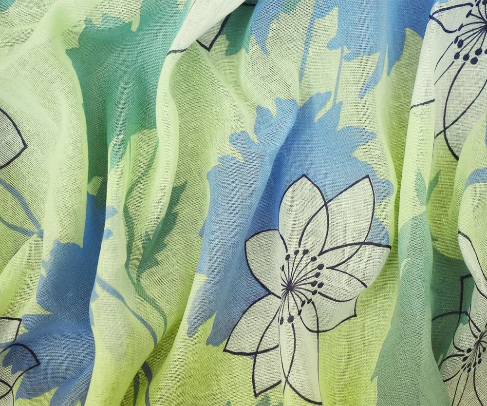 Yellow-Blue-Multi Floral Printed Cotton Gauze Woven Fabric