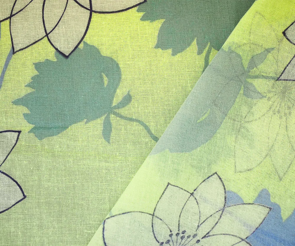 Yellow-Blue-Multi Floral Printed Cotton Gauze Woven Fabric