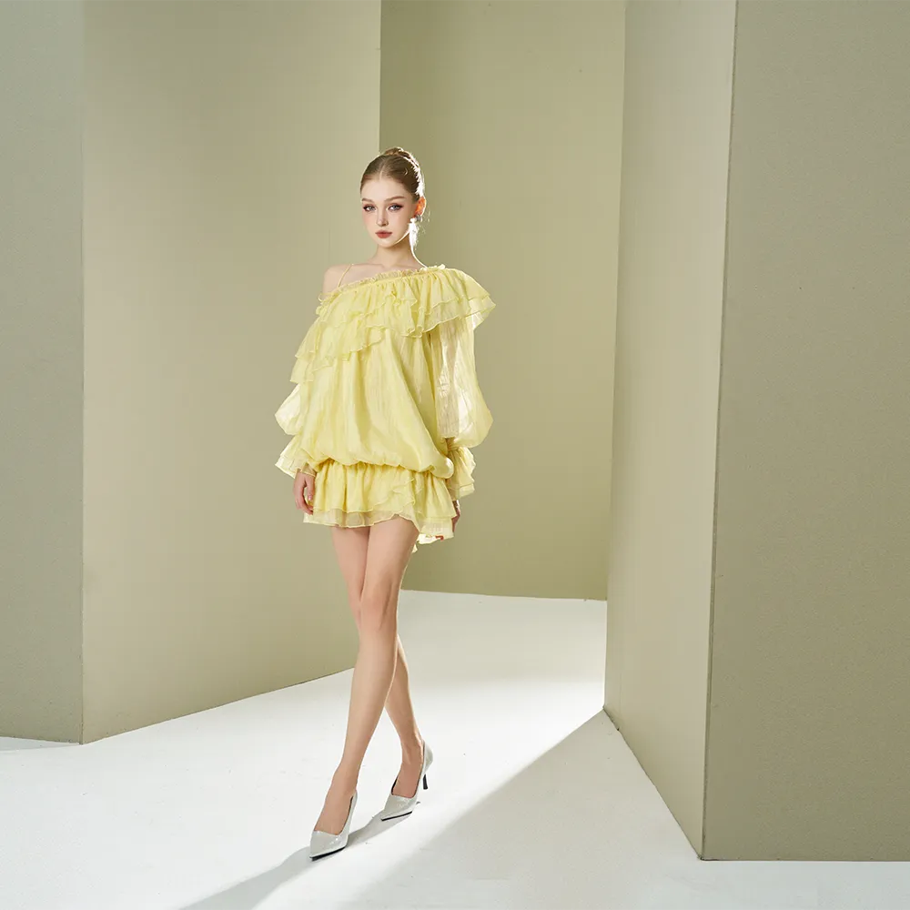 Yellow Ruffled Neck Dress With Low- Waist