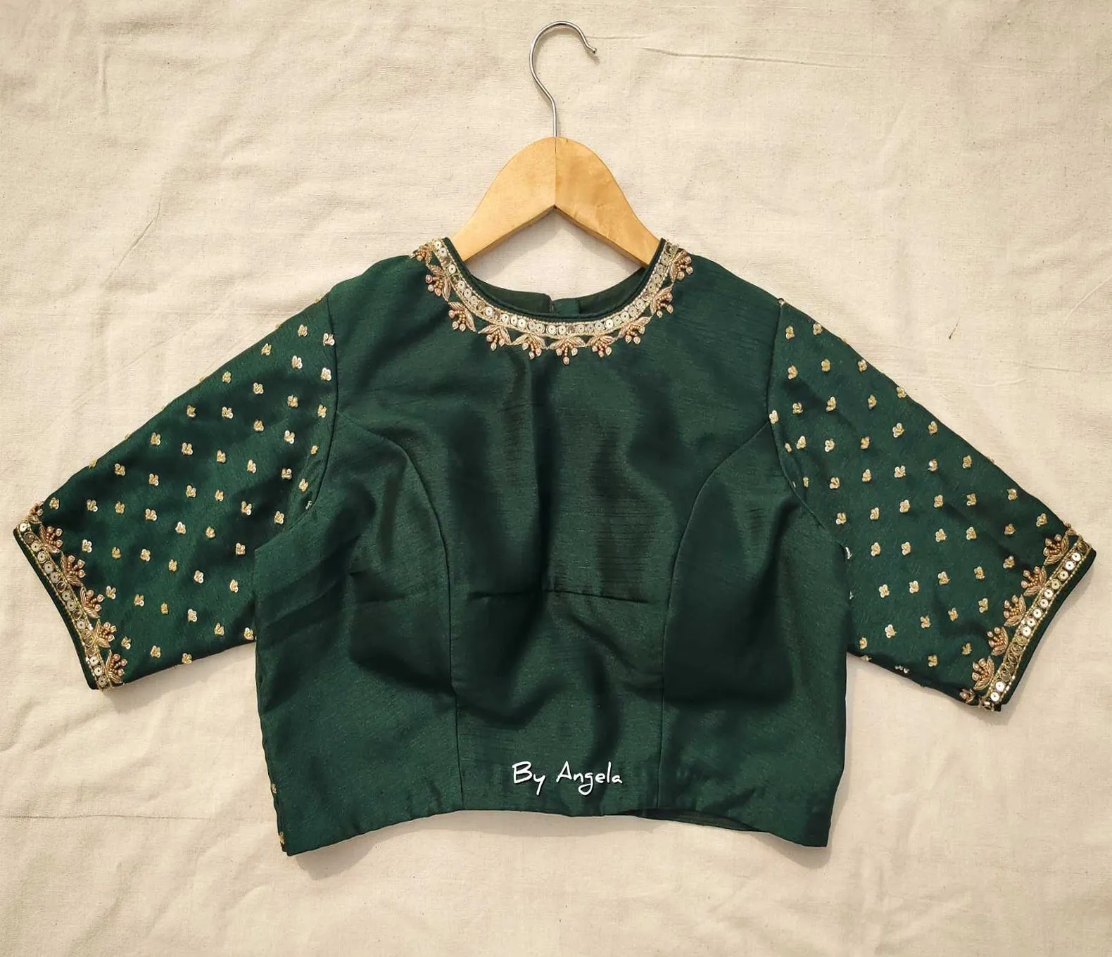Zero Neck Embroidered Blouse with Tiny Buta - Bottle Green