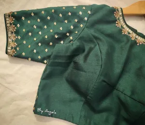 Zero Neck Embroidered Blouse with Tiny Buta - Bottle Green
