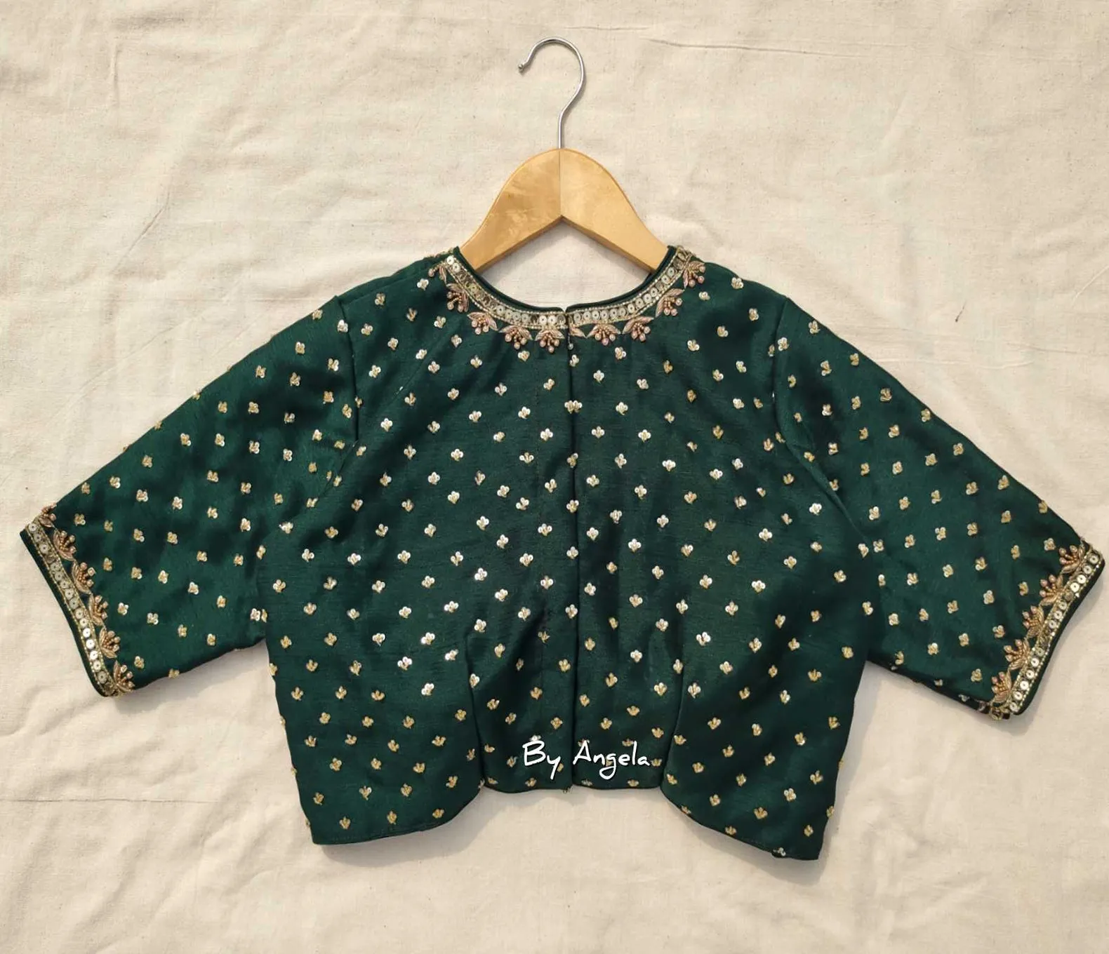 Zero Neck Embroidered Blouse with Tiny Buta - Bottle Green