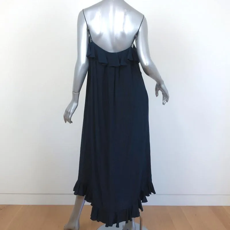 Zimmermann Midi Dress Navy Ruffled Silk Size 0 Spaghetti Strap