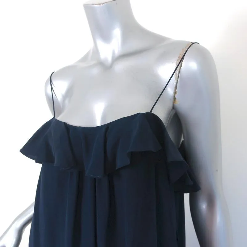 Zimmermann Midi Dress Navy Ruffled Silk Size 0 Spaghetti Strap