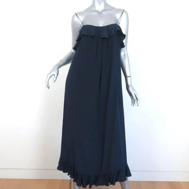 Zimmermann Midi Dress Navy Ruffled Silk Size 0 Spaghetti Strap