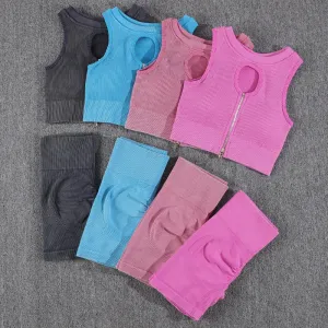 Zipper Yoga Sets for Women - Seamless Sports Suits