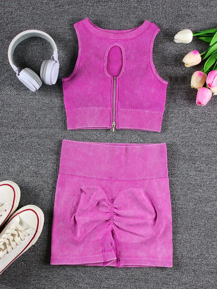 Zipper Yoga Sets for Women - Seamless Sports Suits