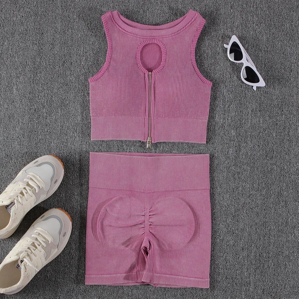 Zipper Yoga Sets for Women - Seamless Sports Suits