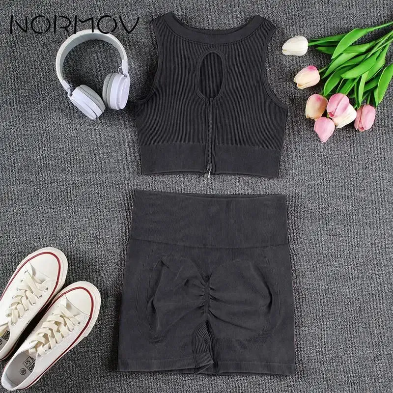 Zipper Yoga Sets for Women - Seamless Sports Suits