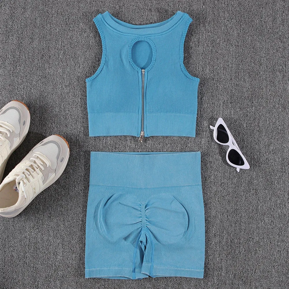 Zipper Yoga Sets for Women - Seamless Sports Suits