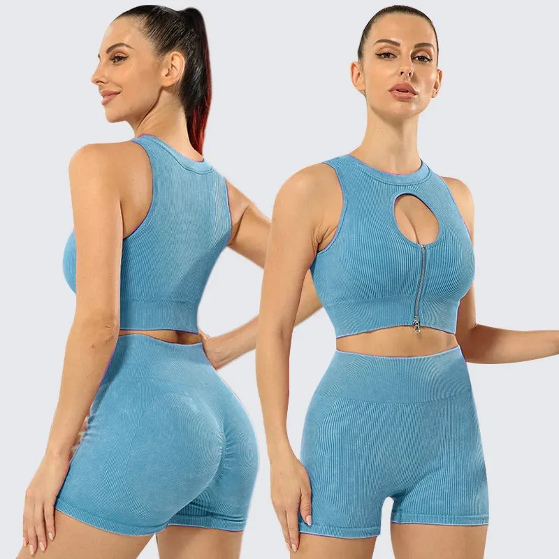 Zipper Yoga Sets for Women - Seamless Sports Suits